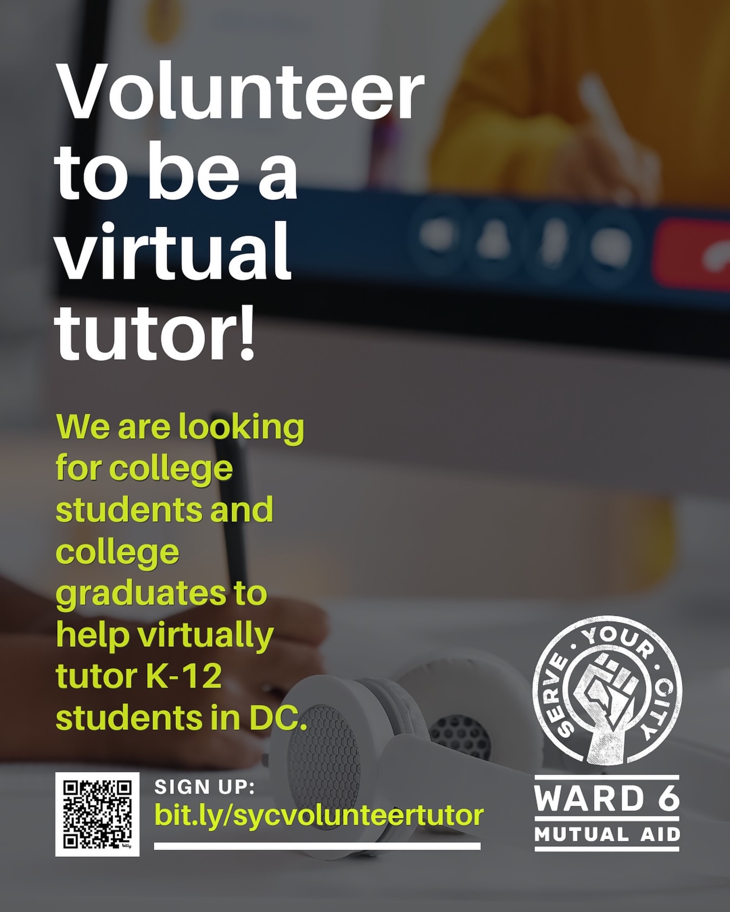 💻 Volunteer with Serve Your City/Ward 6 Mutual Aid’s Virtual Tutoring Program to support K–12 students in Washington, DC. We welcome college and graduate students, as well as professionals, who are interested in helping keep our students engaged and thriving academically. ➡️ Visit bit.ly/sycvolunteertutor (link in Linktree in bio) to learn more.