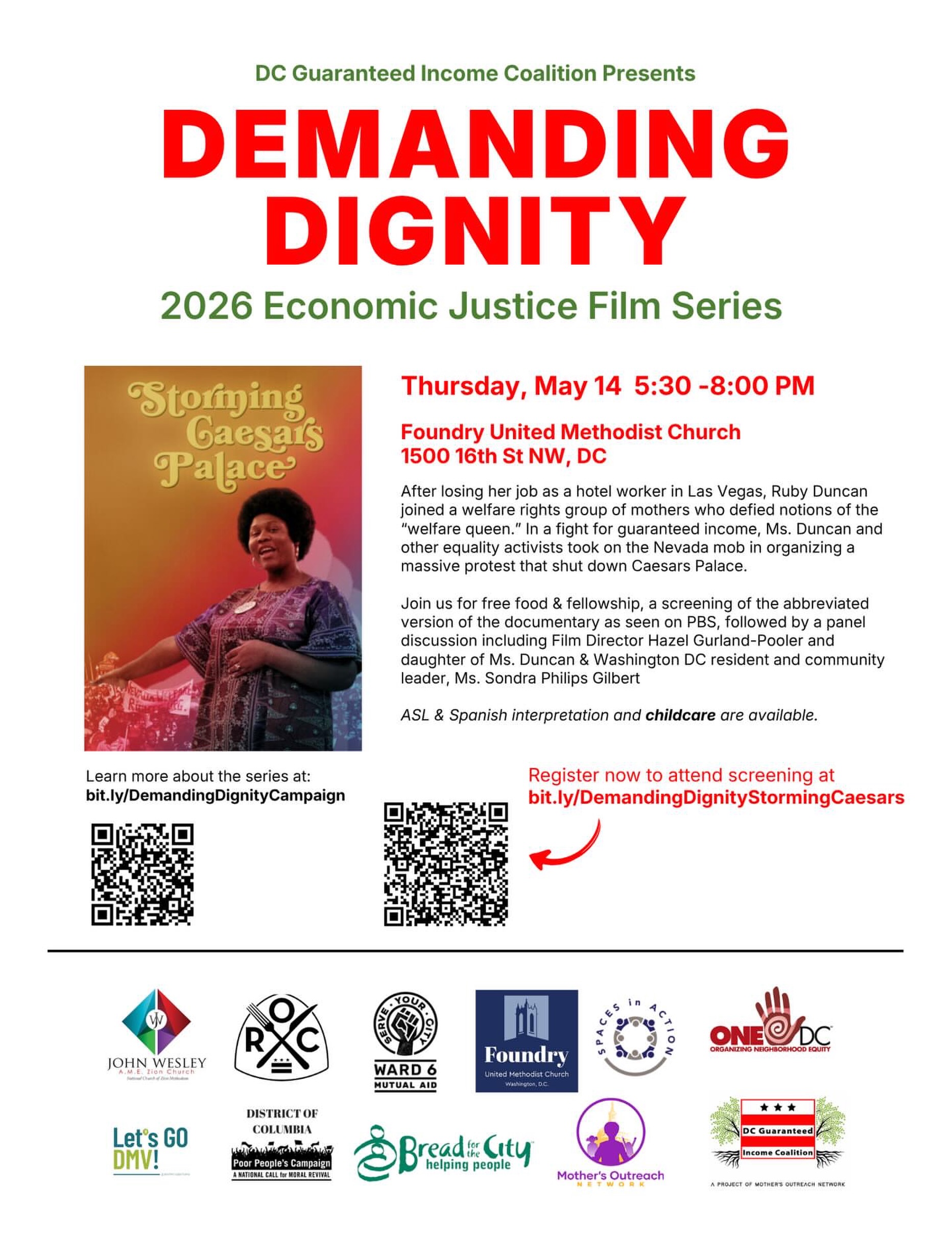 🎬 Save the date, #DC! 🎬 @dcgicoalition’s “Demanding Dignity” 2026 Economic Justice Film Series continues on Thursday, May 14, with a screening of Storming Caesar’s Palace from 5:30–8:00 PM at Foundry United Methodist Church (1500 16th St NW, DC).

📲 Join us for free food and fellowship, a screening of the abbreviated version of the documentary as seen on PBS, followed by a panel discussion featuring film director Hazel Gurland-Pooler and Ms. Sondra Philips Gilbert, DC community leader and daughter of welfare rights activist Ruby Duncan.

➡️ ASL interpretation, Spanish interpretation, and childcare will be available.

🔗 Register: bit.ly/DemandingDignityStormingCaesars
📄 See attached flyer for more information.