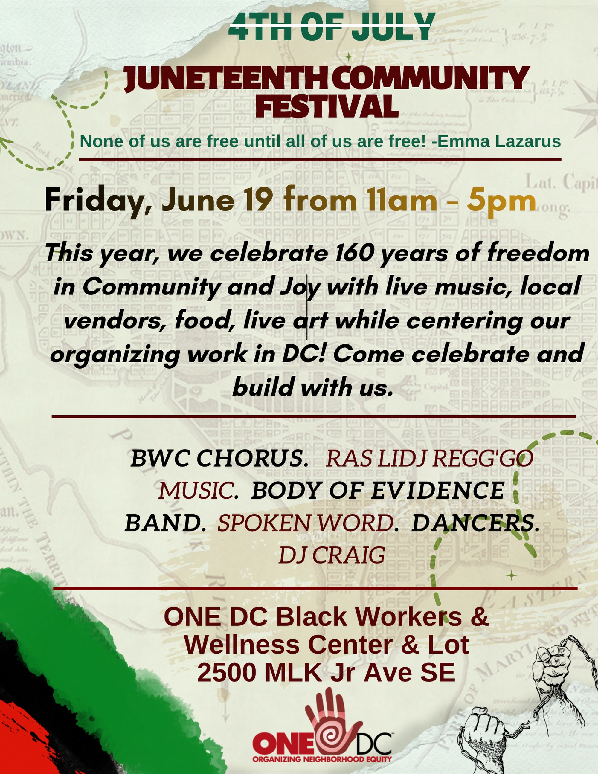 📣 #WashingtonDC: Save the date! 🗓️ Join @one_dc for the #Juneteenth Community Festival on Friday, June 19, from 11 AM–5 PM. ➡️ Enjoy live performances, local vendors, food, drinks, art, and more as we celebrate 160 years of freedom in community and joy. ‼️ Come celebrate, learn, and reflect on the history and meaning of Juneteenth. 📲 See the attached flyer for full event details.