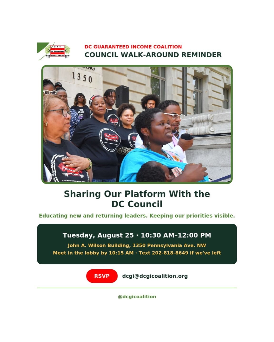 ‼️ Join @dcgicoalition today, Tuesday, August 25, as the #dcgicoalition walks the halls of the DC Council to share our refreshed platform, connect with new + returning Council leaders, and keep our priorities visible.

🕥 10:30 AM–12 PM
📍 John A. Wilson Building, 1350 Pennsylvania Ave. NW
👋🏿 Meet in the lobby by 10:15 AM

Running late? Text 202-818-8649.

See you there! ✊🏾